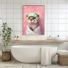 1/2 件趣味浴室墙壁艺术帆布画极简主义可爱水獭彩色油画印刷动物时尚装饰粉色艺术品 Y2k 无框 - 彩色 - 查看 2