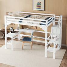 Sweiko Loft Bed, 140*200cm, Stylish L-Shaped Desk, Pine Wood, Open Wardrobe, Minimalist Style, White