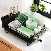 Multifunctional Dish Rack And Drainboard Set, Extendable Dish Drying Rack, Anti-Rust Large Dish Drying Rack With Cutlery & Cup Holders, Versatile Drying Dish Rack For Kitchenware - Black - View 7