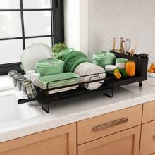 Multifunctional Dish Rack And Drainboard Set, Extendable Dish Drying Rack, Anti-Rust Large Dish Drying Rack With Cutlery & Cup Holders, Versatile Drying Dish Rack For Kitchenware - Black - View 6