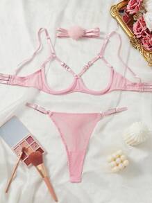 Sexy Women Lace Lingerie Set, Pink Mesh Fuzzy Hollow-Out Push Up Bra And Panty - Pink - View 1