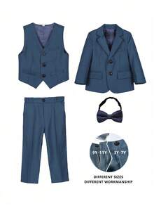 4 件套男童绅士西装套装：夹克、背心、裤子、领结，优雅简约，适合节日、典礼和日常活动 - 綠色 - 查看 4