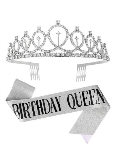 2 件水钻装饰皇冠和腰带套装，现代生日派对皇冠和腰带套装，适合生日派对、圣诞节