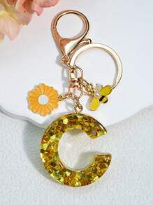 1 móc khóa chữ cái tiếng Anh bằng nhựa có trang trí hoa và ong, phụ kiện treo thời trang làm quà tặng cho bạn bè và mẹ, phong cách Châu Âu và Mỹ - vàng - Xem 3