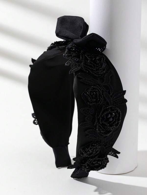 1 faixa de cabeça elegante estilo vintage com bordado de pérolas pretas brilhantes, adequada para uso diário, ocasiões festivas e presente, faixa de cabelo e arco de cabelo