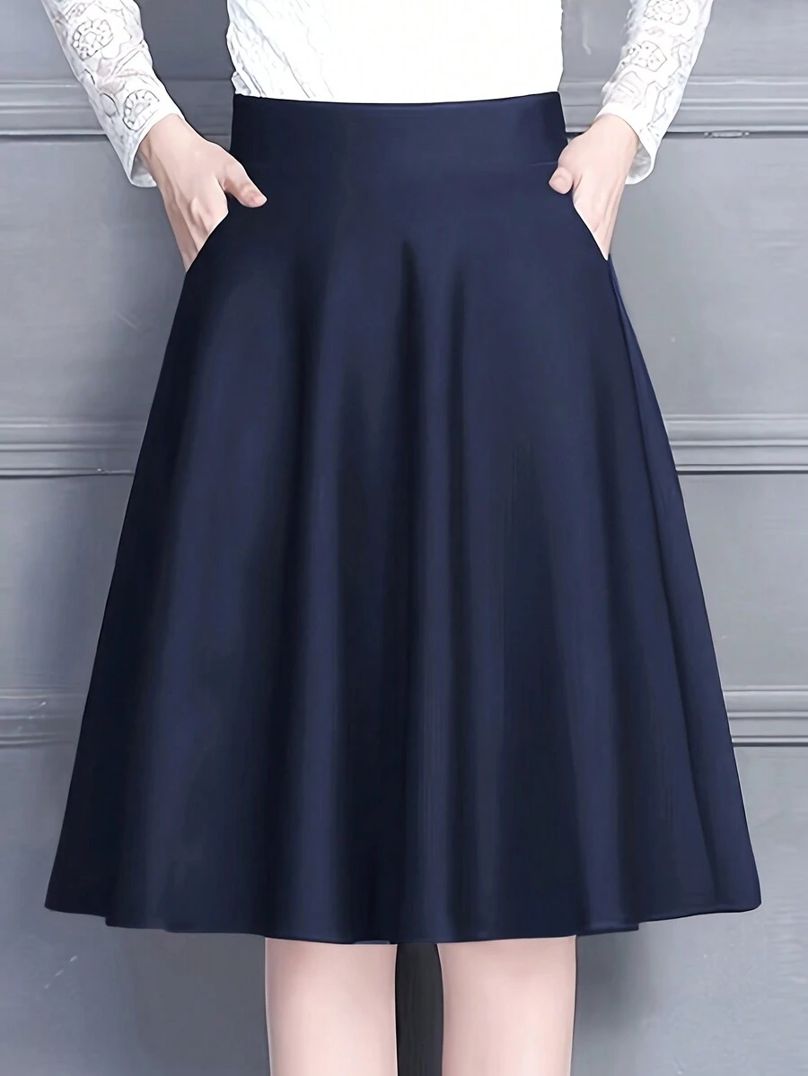 女士纯色高腰口袋优雅中长 A 字裙