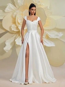 1 Peça Vestido Branco Elegante de Noiva, Vestido de Cetim com Decote Quadrado e Abertura, Vestido de Casamento - Branco - Visão 6