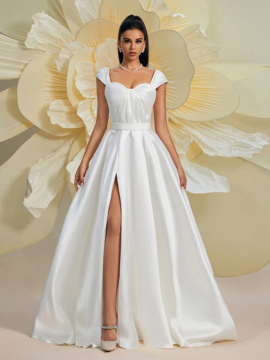 1 Peça Vestido Branco Elegante de Noiva, Vestido de Cetim com Decote Quadrado e Abertura, Vestido de Casamento - Branco - Visão 1