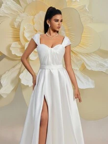 1 Peça Vestido Branco Elegante de Noiva, Vestido de Cetim com Decote Quadrado e Abertura, Vestido de Casamento - Branco - Visão 7