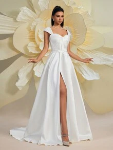 1 Peça Vestido Branco Elegante de Noiva, Vestido de Cetim com Decote Quadrado e Abertura, Vestido de Casamento - Branco - Visão 4