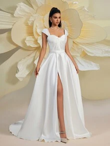 1 Peça Vestido Branco Elegante de Noiva, Vestido de Cetim com Decote Quadrado e Abertura, Vestido de Casamento - Branco - Visão 5
