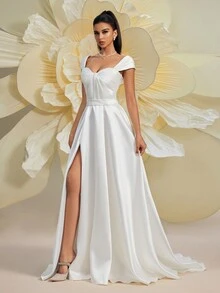 1 Peça Vestido Branco Elegante de Noiva, Vestido de Cetim com Decote Quadrado e Abertura, Vestido de Casamento - Branco - Visão 3