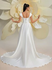 1 Peça Vestido Branco Elegante de Noiva, Vestido de Cetim com Decote Quadrado e Abertura, Vestido de Casamento - Branco - Visão 2