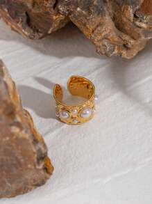 Uworld 1Pc Women's Fashionable Hammer Pattern Stainless Steel Open Ring Retro Autumn And Winter Daily Pearl Inlaid Ring - Open Ring - View 4