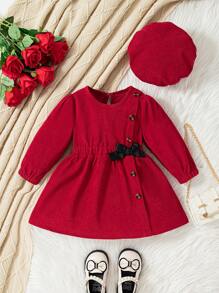 Vestito a maniche lunghe per bambina con fiocco, bottoni e cappello in velluto a coste di colore unito