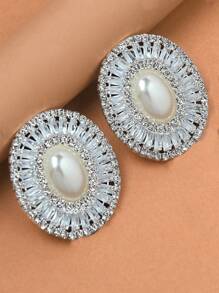 1 Pair Silver Oval Pearl & Rhinestone Decorated Clip-On Earrings, Elegant For Parties