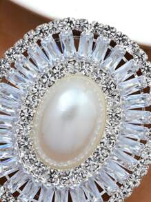 1 Pair Silver Oval Pearl & Rhinestone Decorated Clip-On Earrings, Elegant For Parties