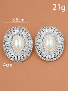 1 Pair Silver Oval Pearl & Rhinestone Decorated Clip-On Earrings, Elegant For Parties