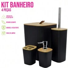 4-Piece Bathroom Lavatory Kit With Bamboo, Trash Can, Toilet Brush, Toothbrush Holder And Liquid Soap - 黑色 - 查看 2