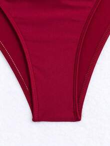 Women Red Sexy One Shoulder Bikini Set, Summer Beach - Burgundy - View 4