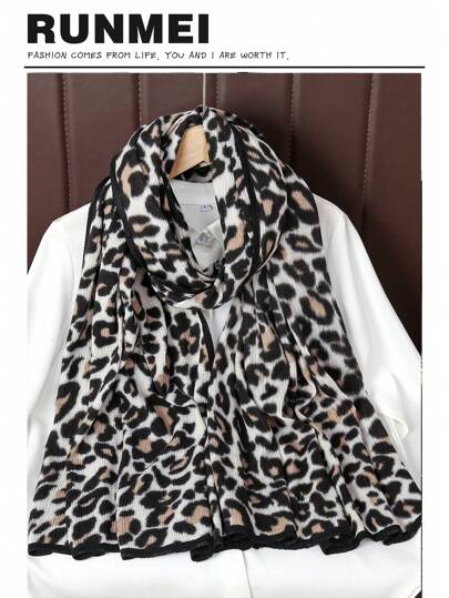 1pc Boho Women Scarves,Classic Leopard Print Crinkle Long Scarf,Suitable For Commute, Travel And Outdoor Wear,School