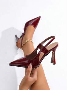 Women Pointed Toe Stylish Patent Leather Ankle Strap Pumps - Burgundy - View 1