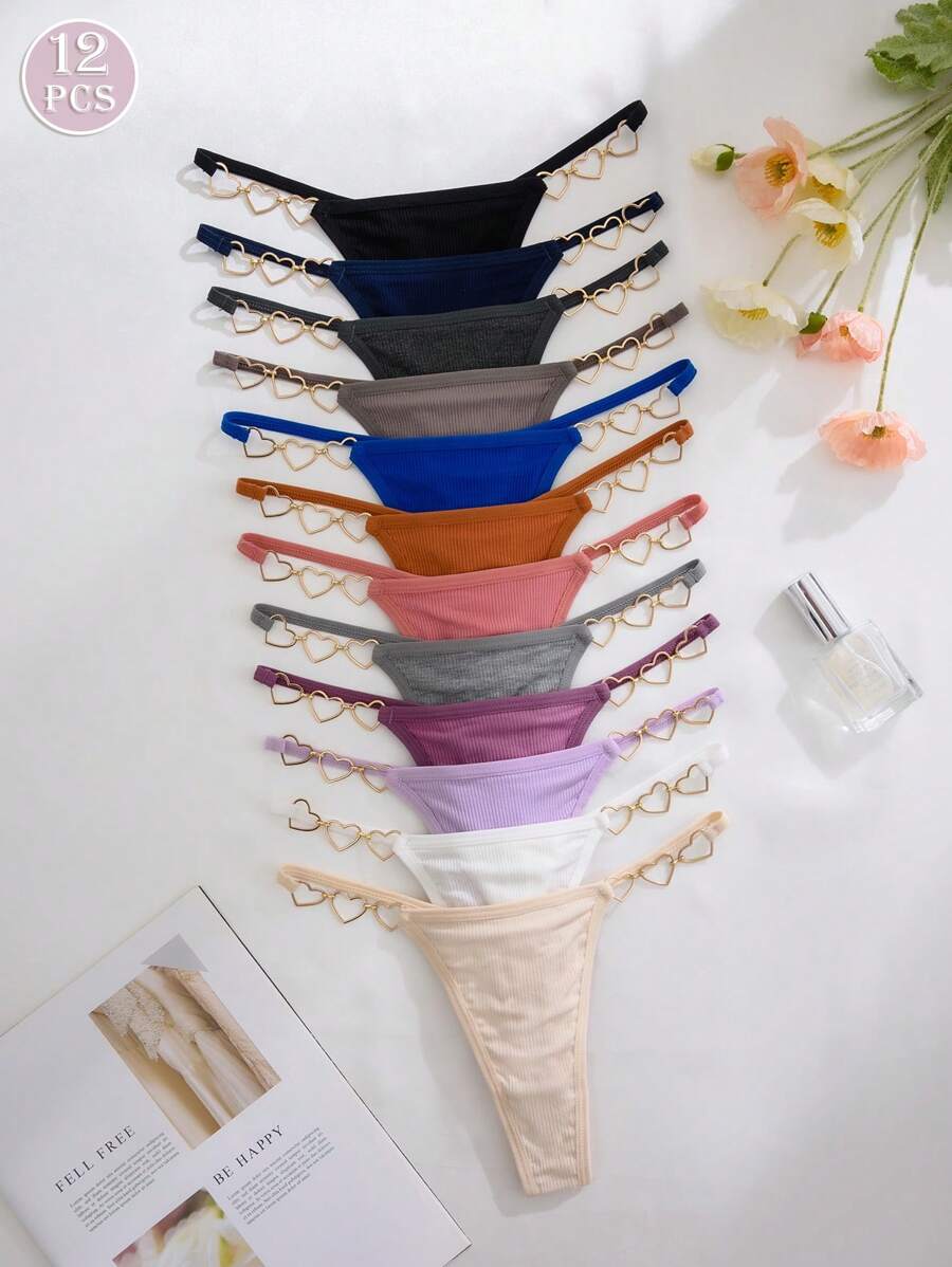 12pcs/Pack Women Low Waist Heart Shaped Thong Underwear - Multicolor - View 1