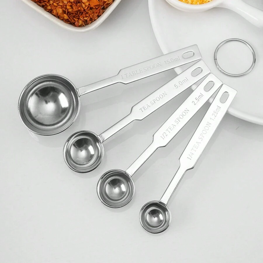 4pcs Silver Set Stainless Steel Measuring Spoon Baking Measuring Spoon Household Weighing Tool Spoon Seasoning Spoon Scale Measuring Spoon - Multicolor - View 1