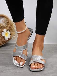 女士仙女风露趾拖鞋，夏季新款复古韩版时尚，百搭休闲沙滩平底凉鞋，适合散步、通勤、商务、约会、聚会、派对 - 銀色 - 查看 7