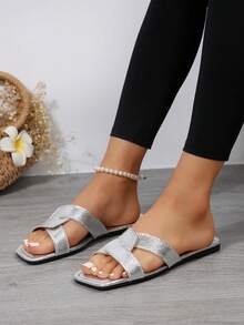 女士仙女风露趾拖鞋，夏季新款复古韩版时尚，百搭休闲沙滩平底凉鞋，适合散步、通勤、商务、约会、聚会、派对 - 銀色 - 查看 4