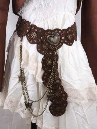 1 件女式复古棕色西式金属心形拼接腰带，Y2K Baddie 复古美学皮革腰带配蝴蝶链情人节情人节夏季、学校秋季、秋季、万圣节