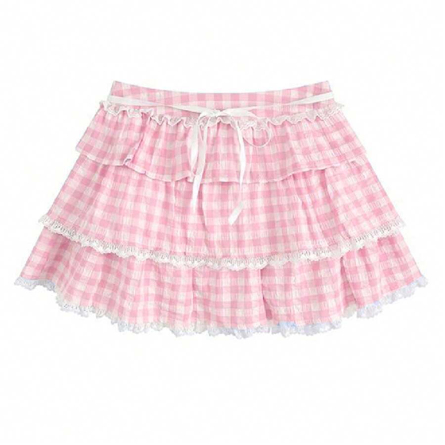 Women Y2K Plaid Mini Skirt Gingham Ruffle Lace Hem Layered Short Skirts With Lining Shorts Sexy Cute Pleated A-Line Mini Skirt - 粉色 - 查看 1