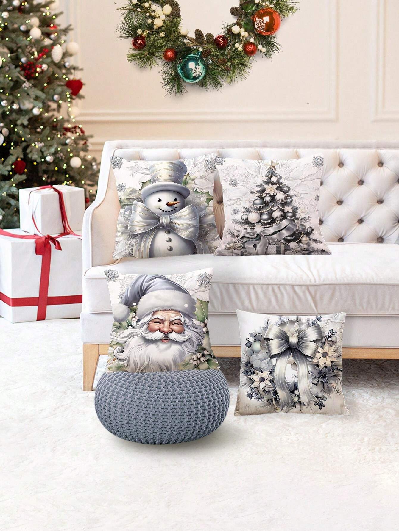 4pcs Christmas Decorative Pillow Covers, 17.7*17.7 Inch Square Throw