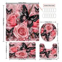 4pc Butterfly Shower Curtain Set, Flower Shower Curtain, Pink Floral Shower Curtain, Xmas Bathtub Cute Shower Curtain, Shower Curtain Waterproof Fabric Bathroom Decoration Curtain With 12 Hooks, Anti-Slip Bathroom Mat Toilet Mat Set, Bath Mat, Toilet Seat Mat, Non-Slip U-Shaped Mat, 12 Hooks With Shower Curtain, 70.8 "X 70.8" - Multicolor - View 3