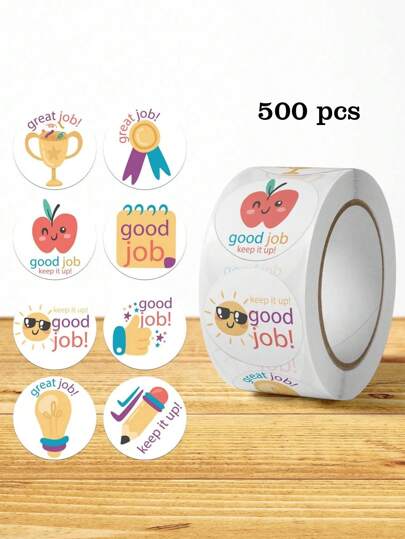 500pcs/Roll Kids Cute Cartoon "Good Job" Encouragement Sticker, INS Style For Teachers To Praise And Encourage Students, Applicable To Stationery, Books, Phones, Laptops, Hard Hats, Water Bottles, Glasses, Multi-Purpose, Waterproof PVC Sticker Back To School