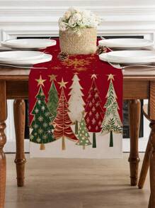 1pc Christmas Table Runner Rectangular Festive Table Decoration Red Christmas Tree Design Suitable For Festive Dining Indoor And Outdoor Use - Red - View 4