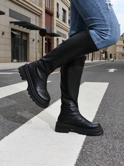 Women's Knee-High Boots With Mid Block Heel, Round Toe, Zipper Closure, Flannel Lining & Insole – Fashionable Man-Made Material Tall Boots