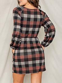 Boho Retro 70's 90's Vintage Black Black Olive Mocha Pink Mint Knit Brushed Ruffle Tiered Color Block Stripe Tunic Dress - 藕粉色 - 查看 4