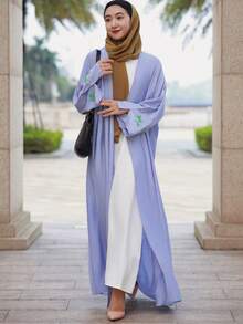 1pc Abaya For Women, Sleeve Slit, Palm Embroidery, Open Front Modest Long Sleeve Abaya, Suitable For Party And Daily Wear