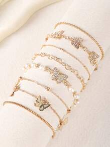 8pcs/Set Fashionable Minimalist Faux Pearl, Copper Inlaid Cubic Zirconia Butterfly Bracelet Set, Suitable For Women's Daily Wear, Parties And Gatherings As Gifts