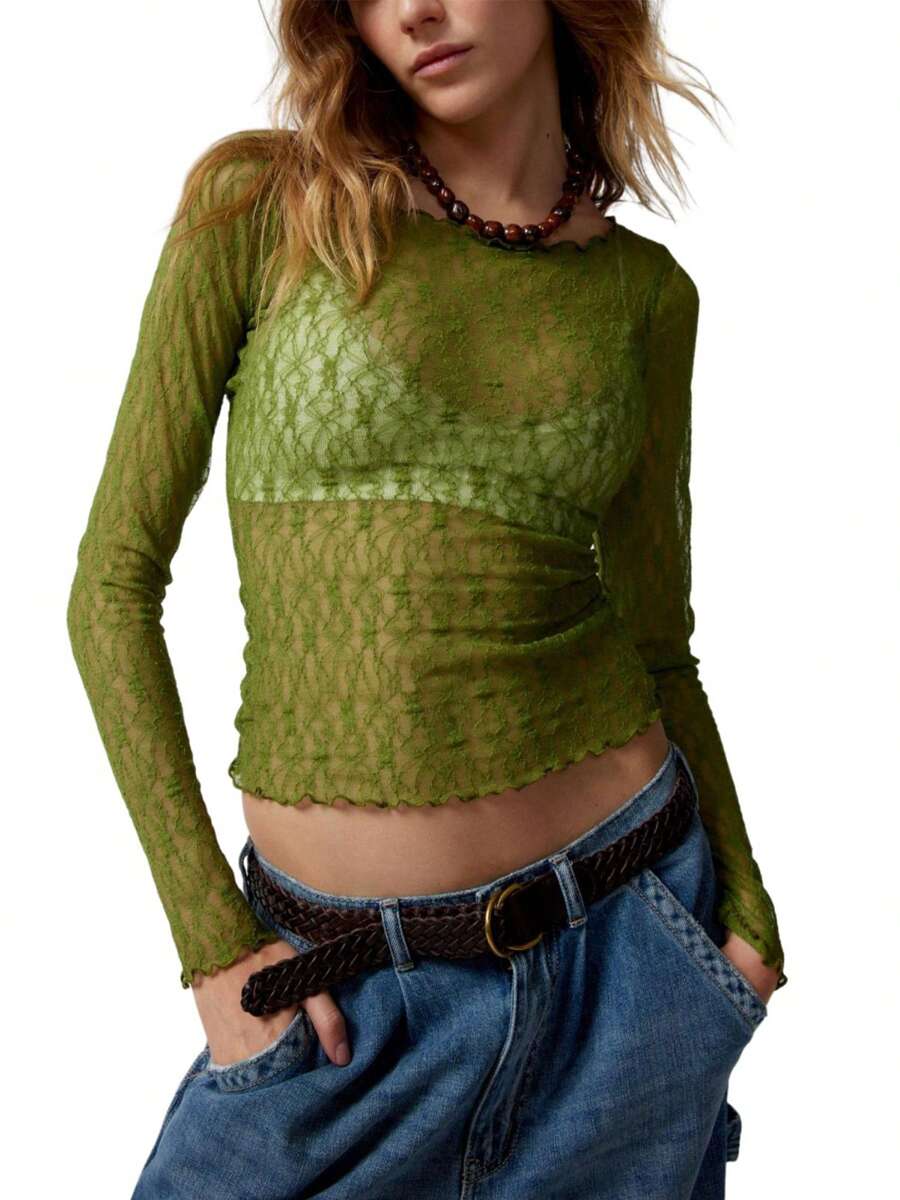 Women's Summer Sheer Crop Tops Long Sleeve Fitted Short Lace Going Out Tops For Party - 綠色 - 查看 1