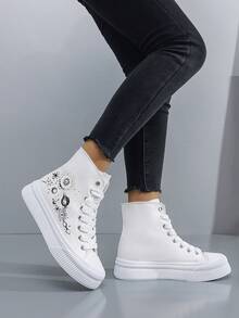 女士高帮印花日月星平底雪地靴，简约帆布休闲运动鞋，适合日常穿着，秋冬季 - 白色 - 查看 2