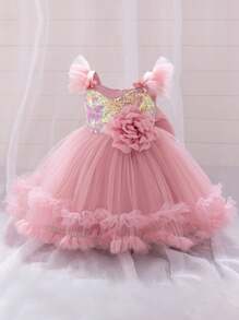 Patchwork Sequins Tiered Dress, Lovely Princess Birthday Party Dress For Baby Girls And Toddlers, Suitable For 1 Year Old Party, Does Not Include Hair Accessories