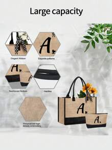 A-Z 爱心字母手提包兼化妆包，个性化礼品袋，带围巾沙滩包，便捷旅行收纳包，旅行化妆包 - 卡其色 - 查看 3