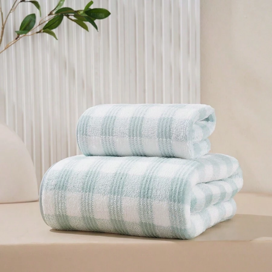 Japanese Simple Plaid Large Bath Towel, Thick Absorbent Jacquard Cotton