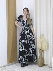 Women's Long Dress C Short Sleeve Printed Duna Fabric (Polyester) With Cups And Lining - Maxma 8410E - Negro - Ver 1