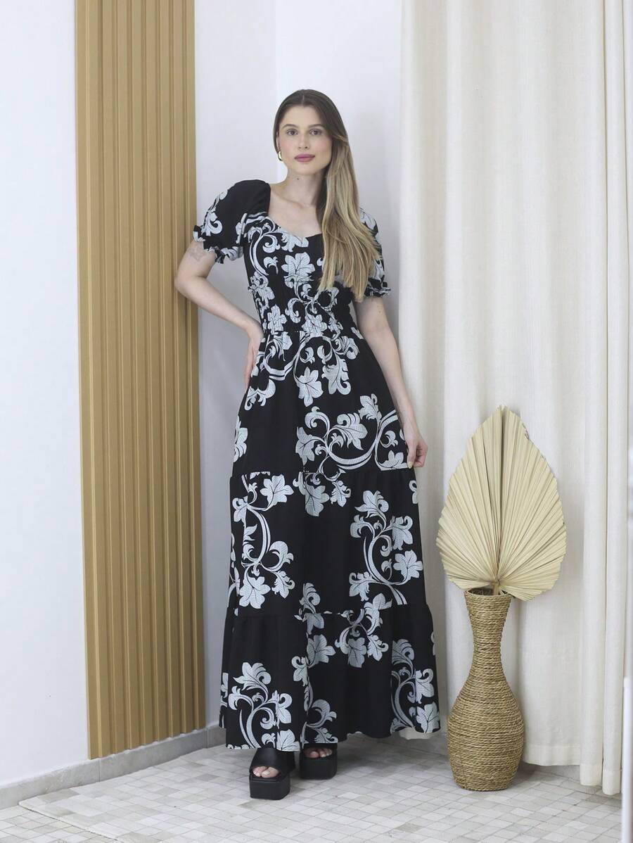 Women's Long Dress C Short Sleeve Printed Duna Fabric (Polyester) With Cups And Lining - Maxma 8410E - Negro - Ver 1