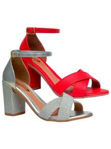 Kit 2 Pairs Women's Block Heel Sandals, Fashion, Shiny, Comfortable - Đỏ và trắng - Xem 1
