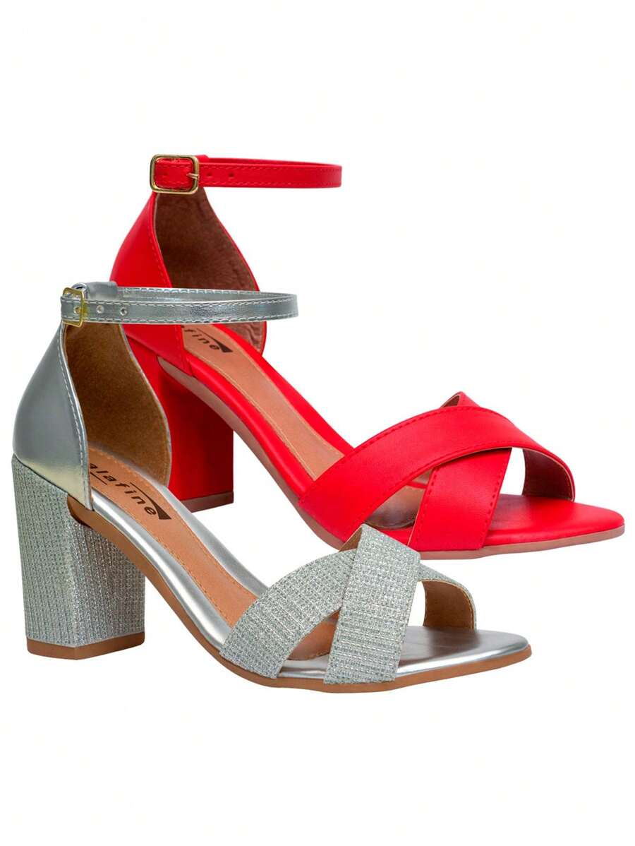 Kit 2 Pairs Women's Block Heel Sandals, Fashion, Shiny, Comfortable - Đỏ và trắng - Xem 1