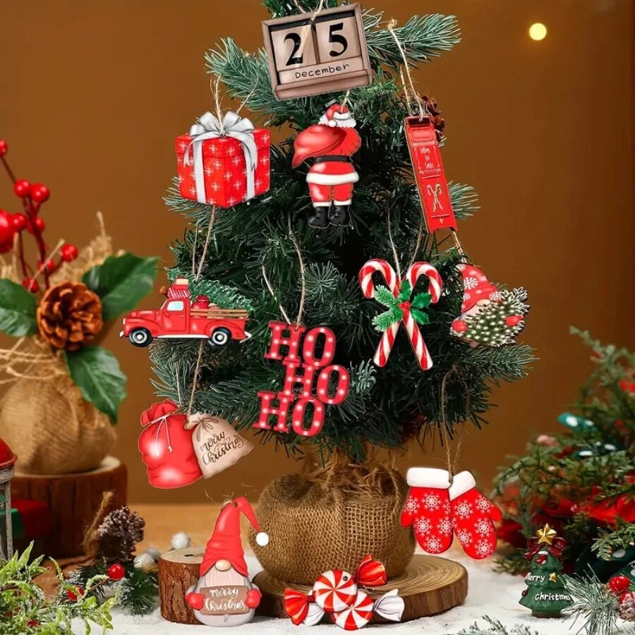 12pcs Christmas Wooden Decoration, Rustic Style Houses, Santa Claus